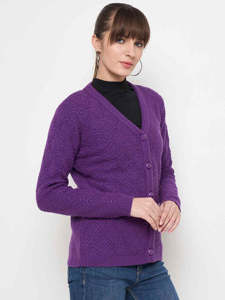 Madame Cable Knit Glossy Buttoned Purple Acrylic Cardigan