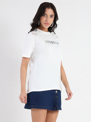 Madame Printed Embroidery Cutwork White Crop T-shirt