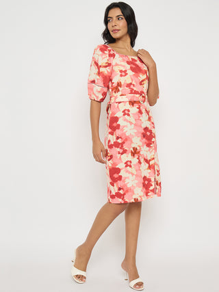 Madame Floral Print Ruched Bodycon Coral Dress