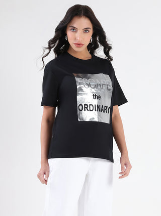 Madame Swarovski Detailed Graphic Print Black Cotton T-shirt