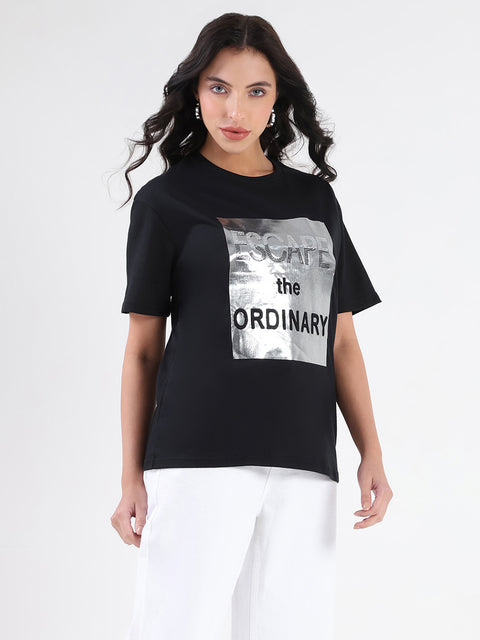 Madame Swarovski Detailed Graphic Print Black Cotton T-shirt
