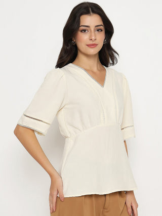 Madame V Neck Off White Peplum Top