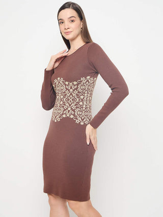 Madame Abstract Print Viscose Blend Coffee Brown Knitted Dress