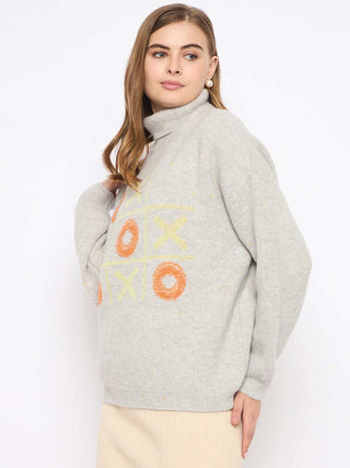 Madame Graphic Printed Turtleneck Grey Sweater