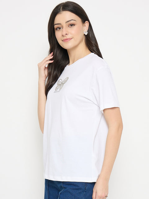 Madame White Cotton Graphic Print T-Shirt