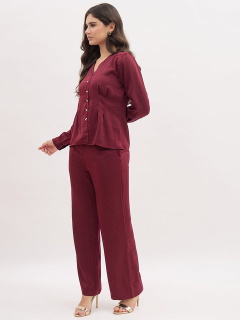 Madame Maroon V-Neck Co-ord Set