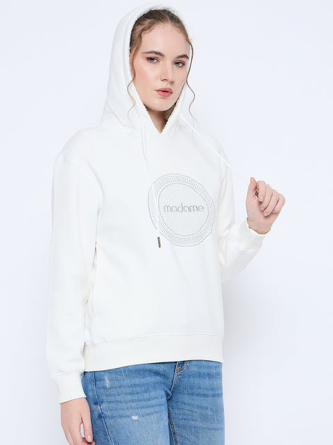 Madame Graphic Print Loose Fit White Hooded Sweatshirt
