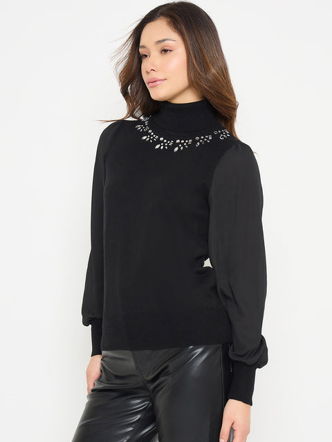 Madame Embroidered Solid Sweater with High Neck and Puff Sleeves