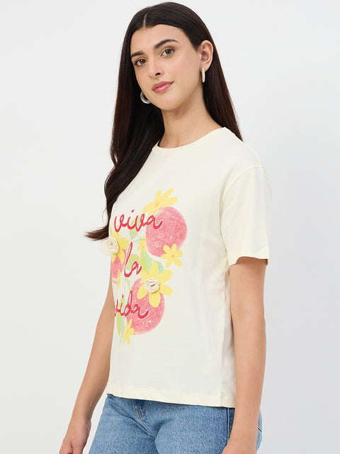 Madame Beige Crew Neck Printed Cotton T-Shirt