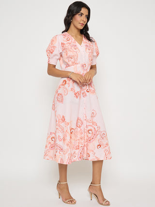Madame Paisley Print Peach Midi A Line Dress