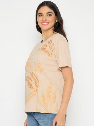 Madame Botanical Print Beige Cotton T-shirt