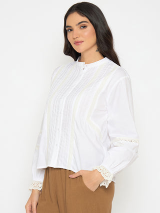 Madame Solid White Puff Sleeve Cotton Shirt