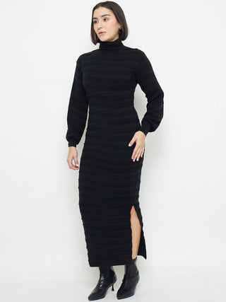 Madame High Neck Black Knitted Midi Dress