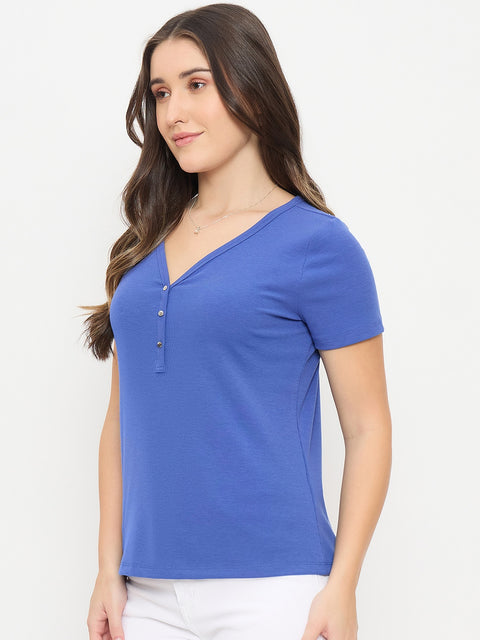 Madame Blue V-Neck T-Shirt with Button Placket