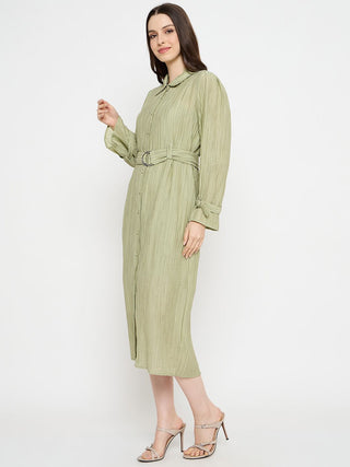 Madame Crushed Tissue Belted Moss Green Shirt Dress
