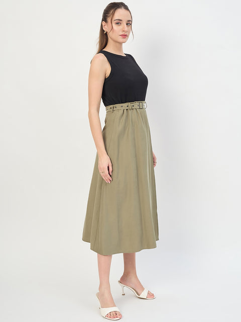 Madame Black Belted Viscose Blend A-Line Midi Dress