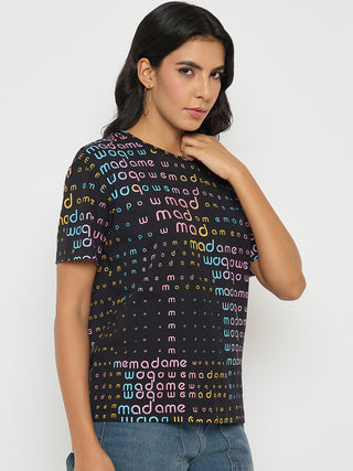 Madame All Over Print Black Cotton T-shirt