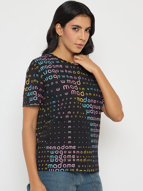 Madame All Over Print Black Cotton T-shirt