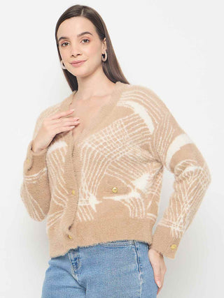 Madame Abstract Print Button Up Camel Brown Sweater