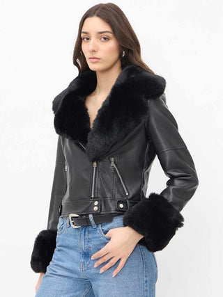 Madame Faux Fur Notch Lapel Collar Black PU Leather Jacket