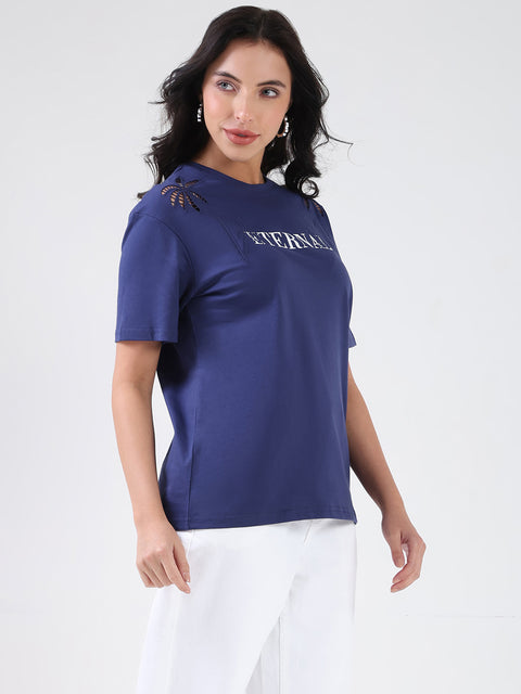 Madame Printed Embroidery Cutwork Navy Blue Crop T-shirt