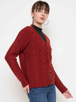 Madame Rust Red Cable Knit Acrylic Cardigan