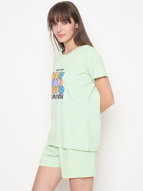 mSECRET Printed Top, Shorts and Bottoms Mint Green Night Suit
