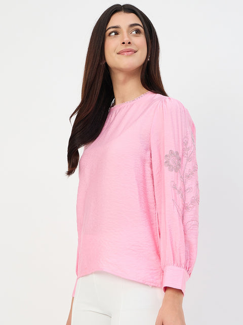 Madame Pink Embroidered Bishop-Sleeve Viscose Top