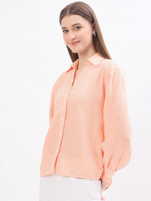 Madame Textured Solid Orange Shirt
