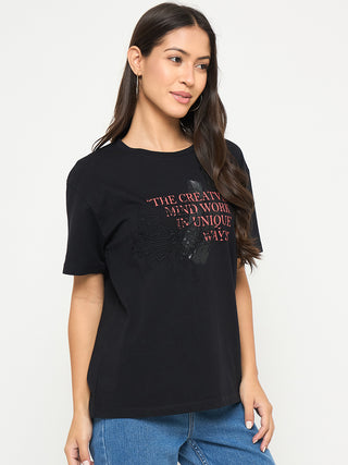 Madame Graphic Print Embellishment Black Cotton T-Shirt