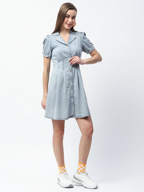Madame Pintuck Detailed Light Blue Mini Denim Dress