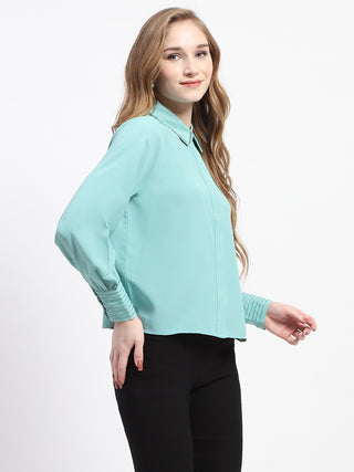 Madame Cuffed Sleeve Solid Mint Green Shirt