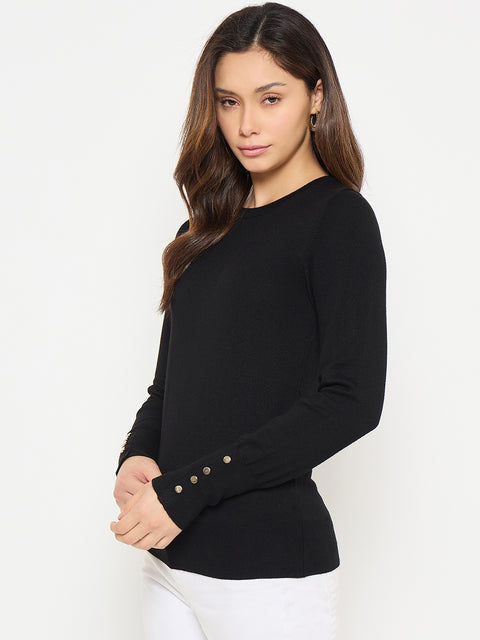 Madame Black Solid Sweater with Cuff Sleeves