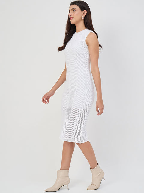Madame White Cotton Knit Self-Design Bodycon Dress