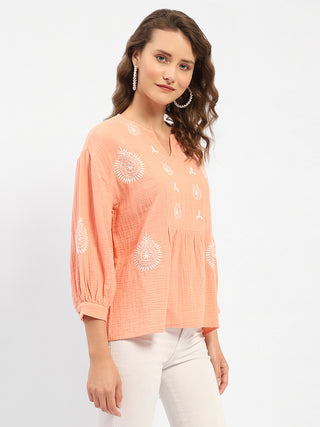 Madame Balloon Sleeve Peach Chikankari Work Top