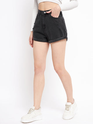 Madame Folded Hem Black Denim Shorts