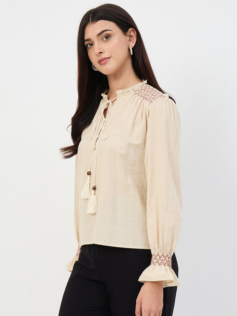 Madame Beige Gather-Detail Cotton Top