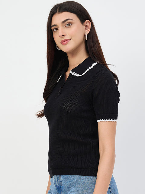 Madame Black Contrast Trim Cotton Polo T-Shirt