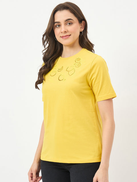 Madame Yellow Cotton Half-Sleeve T-Shirt