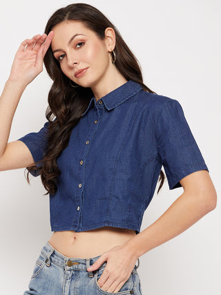 Madame Shirt Collar Denim Crop Top