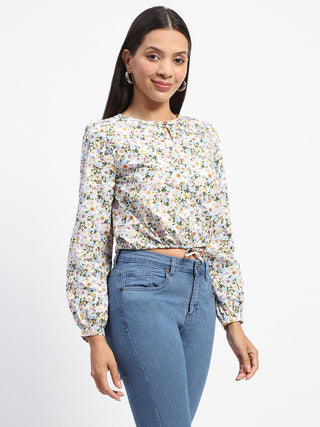 Madame Cotton Floral Print Drawstring Waist Multicolor Top