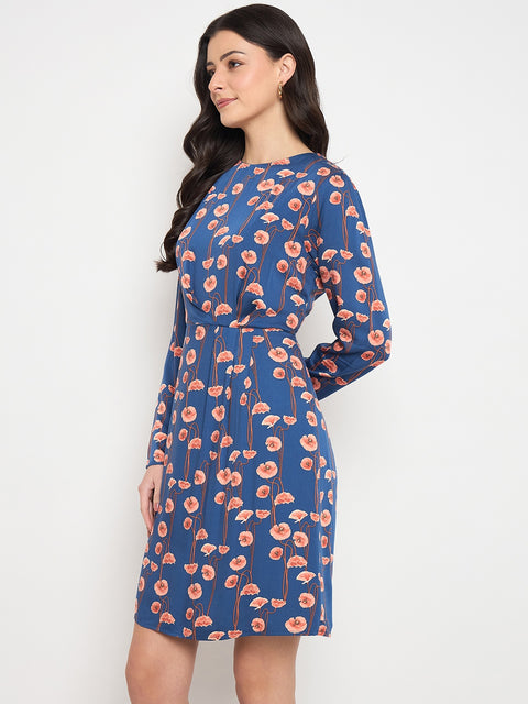 Madame Blue Printed Rayon Flared Dress