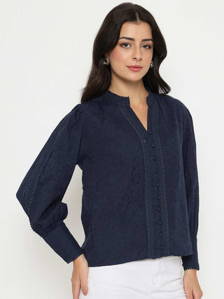 Madame Gathered Shoulders Navy Blue Cotton Top