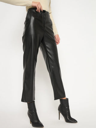 Madame Straight Fit Solid Black Faux Leather Trouser