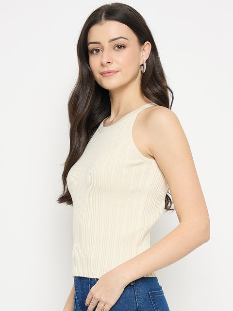 Madame Beige Viscose Blend Halter Neck Knitted Top