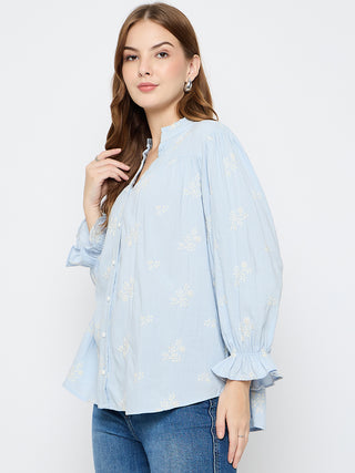 Madame Floral Print Cotton Blend Powder Blue Top