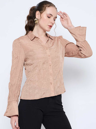 Madame Crushed Tissue Flounce Sleeve Beige Shirt