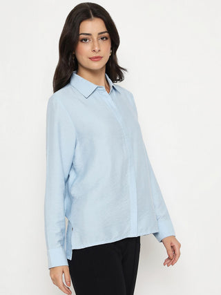 Madame Textured Solid Sky Blue Rayon Blend Shirt