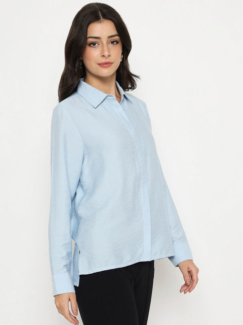 Madame Textured Solid Sky Blue Rayon Blend Shirt