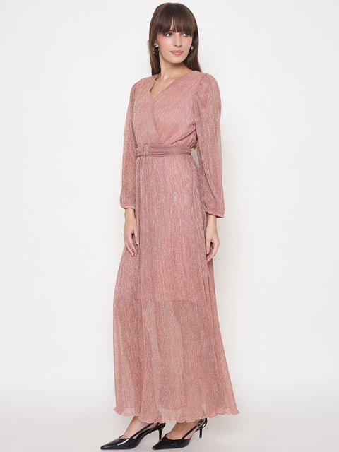 Madame Pliss Self Design Belted Rose Gold Flared Maxi Dress
